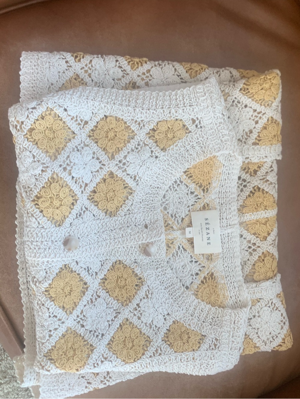 Sezane Cream and Mustard Crochet Button-Front Mini Dress - Picture 7 of 8